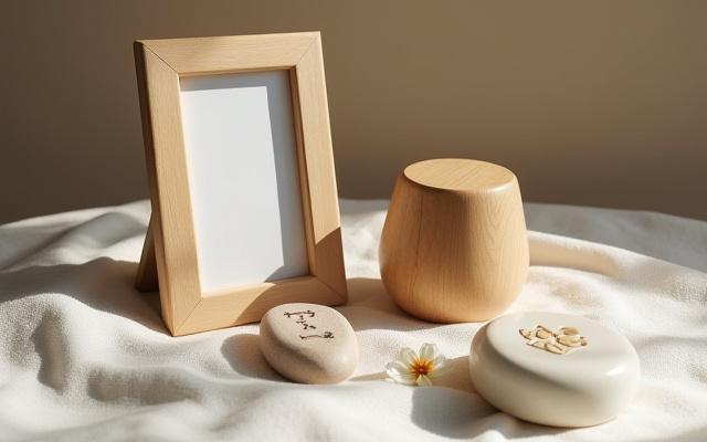 優しい光に包まれた木製の写真立て、小さな骨壷、そして刻印された石が並べられた追悼品。