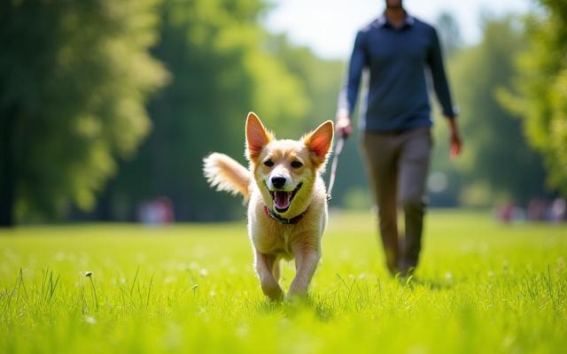 公園で楽しそうに散歩する犬とドッグウォーカー